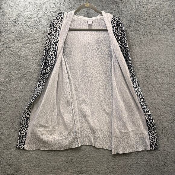 Chico's Size 2 Open Cardigan Black and White Cougar Pattern Hooded Front Pockets - Picture 3 of 9
